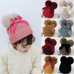 Hot Double Pompom Hat 9 color Winter Knitted Kids Baby Girl hat Warm Thicker Children Infant beanie cap Bonnet Casquette Enfant JY995