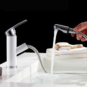 Rubinetto per bagno cromato bianco di lusso con montaggio su piano estraibile in ottone per lavabo da cucina caldo e freddo, rubinetto per lavabo a leva singola, un foro