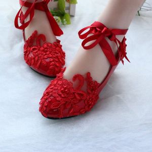 Hot Sale Red Bridal Lace Strappy Wedding Shoes Handmade Bridesmaid Shoes Low Heel White Performance Flat-bottomed Photo Women Shoes