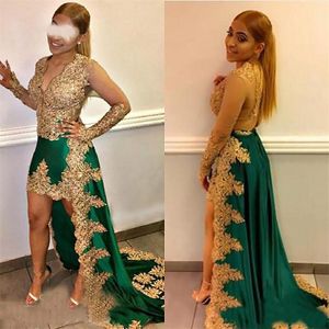 New Gold Appliques Lace High Low A-line Prom Dresses Long Sleeves V Neck Green Satin Celebrity Evening Dress Party Gown