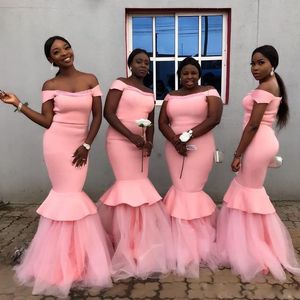 Stunning Pink Off Shoulder Long Bridesmaid Dresses Tulle Bottom Mermaid Prom Gowns Customize Country Maid of Honor Dress