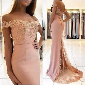 Cheap Blush Pink Arabic Mermaid Bridesmaid Dresses Off Shoulder Lace Appliques Plus Size Long Floor Length Wedding Guest Maid of Honor Gowns