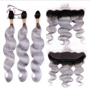 Evermagic Body Wave Ombre Color T1B / Grigio T1B / Grigio T1B / Nastro 3 pezzi Fasci con 1 pezzo 13 * 4 Frontale 10-20 pollici estensione dei capelli umani