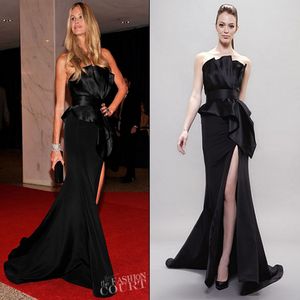 2022 Elegant Black Mermaid Evening Dress Satin High Slit Designer Sexy Strapless Ruched Prom Dress Long Red Carpet Dresses