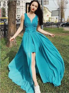 Hot Sale Blue Evening Dresses Lace V Neck Sleeveless Elegant Prom Dresses Chiffon Sweep Train Front Split Charming Women Party Gowns