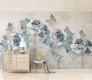 カスタム任意のサイズの壁紙3 dエレガント花蝶ライトブルーリビングルームの寝室の背景壁の装飾の壁紙