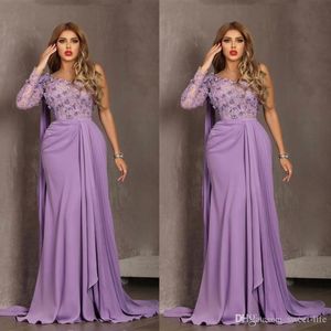 ASO EBI Arabisk Lilac One Shoulder Sheath Evening Dresses Lace Beaded Prom Dress Appliques Formella Klänning Party Gowns Robes de Soirée