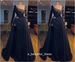 Scoop Neck Long Sleeves A-Line Evening Dresses With Beaded Custom Black Prom Party Gowns Special Occasion Gowns Robe De Soiree ED1208