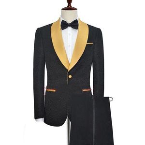 Svart med guld sjal lapel bröllop tuxedos en knapp mode mens designer jacka kostymer för fest (blazer + byxor) skräddarsydda brudgumslitage