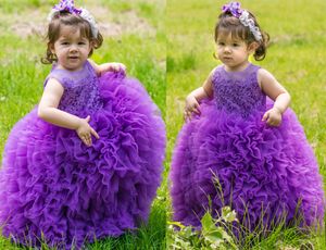 Ny Purple Pink Toddler Girl's Pageant Dresses Sheer Crew Neck Lace Appliques Ball Gown Princess Söta babyflickor Flower Girl Dresses