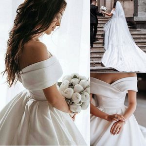 Princess White Wedding Dresses 2020 Satin Vintage Off The Shoulder Wedding Bride Dresses Long Train White Ivory Weddin Gowns