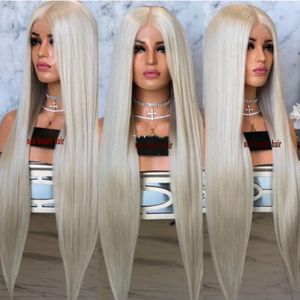 High quality simulation human hair Full Long Blonde Wigs For Women kanekalon straight Synthetic Lace Front Wig preplucked natural hairline