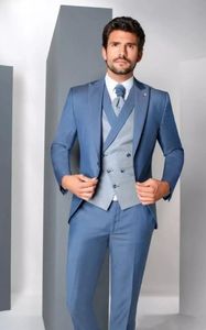 Brand New One Button Blue Wedding Groom Tuxedos Peak Lapel Groomsmen Men Suits Prom Blazer (Jacket+Pants+Vest+Tie) NO:2146