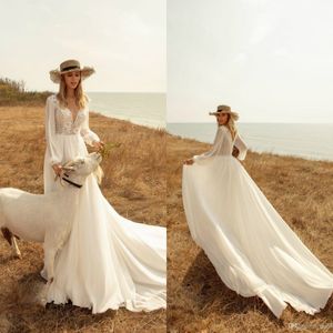 Long Sleeve Bohemian Dresses Lace Appliqued Chiffon V Neck Bridal Gown Boho A Line Wedding Dress Robes De Marie