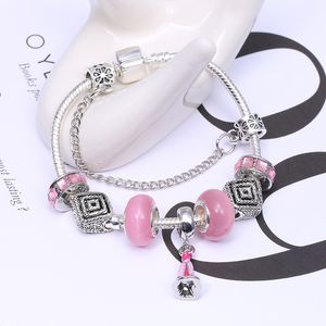Wholesale- Glamour Pink Glass Bead Bracelet for Pandora Style Crystal Snowflake Pendant Lady Bangle Jewelry