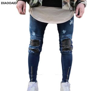 Kolano Ripped Classic Stretch Biker Jeans Mężczyźni Niebieski Denim Skinny Spodnie Hip Hop Mężczyzna Streetwear Dziury Motocykl Elastyczne Spodnie