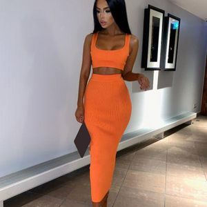 Summer Two Piece Set Women Solid Color Crop Top And Long Skirts Matching Sets Party Club 2 Piece Casual Sexy Outfits