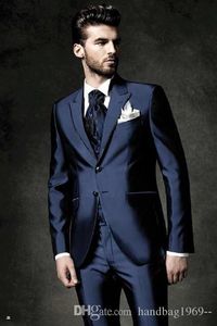 Nuovi arrivi Smoking a due bottoni blu navy lucido Smoking dello sposo Groomsmen Picco risvolto Uomo Blazer Uomo Abiti da sposa Giacca Pantaloni Gilet T219B