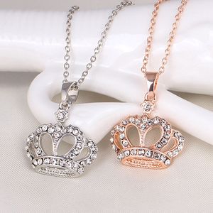 Simple Crystal Gold Silver Plated Crown Pendant Necklaces Wedding Party Decor For Women Girls Chain Jewelry