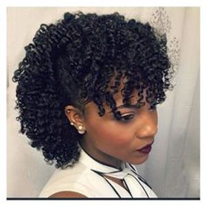 Factory wholesale afro kinky curly Human ponytail with bang fringe hairpiece clip in drawstring human hair ponytail hair extension afro puff