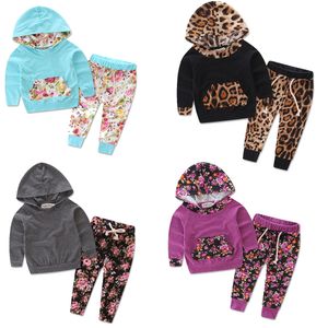 14 Styles Baby Leopard Clothes Floral Print Hoodie Tracksuit Cute Tops Hoody Shirt + Long Pants Newborn Outfit Kids Designer Clothing M511