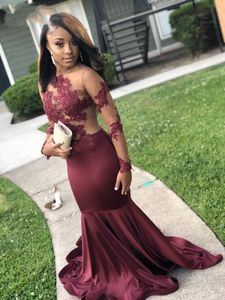 Sheer illusion Long Sleeves Mermaid Burgundy Prom Dresses Long 2019 Open Back Lace Appliques Sexy African Black Girls Formal Party Gowns