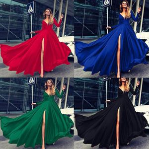 Women Evening Dress Deep V Neck Sweep Train Long Sleeve Dress Party Bridesmaids Femme Solid Maxi Prom Dresses