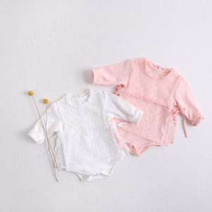 Ins Infant Girls Princessロンパース衣装ベビーレース服セット幼児長袖ジャンプスーツ+ボウ透明チュールトップ2PCSスーツY2574