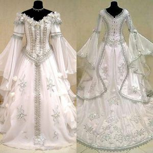 Medeltida bröllopsklänning Vintage av axelns nacke Long Bell Sleeves Celtic Renaissance Costume Victorian Bridal Gothic Bröllopsklänningar