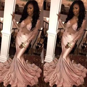 Dusky Pink Satin Mermaid Prom Dresses 2019 Illusion Top Sheer Long Sleeves Lace Applique Sweep Train Formal Party Evening Gowns