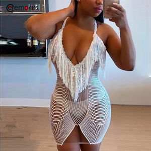 Ceremokiss Pullu Parti Elbise Kadın Halter Seksi Dantel Püskül Mini Elbiseler Yaz Backless Kolsuz Gece Kulübü Bodycon Vestidos