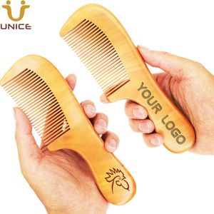 MOQ 50 st Custom Logo Wood Beard Combs Hair Comb med långt trähandtag för män Kvinnor Barber Shop Skönhet Salong Reklam Gåvor