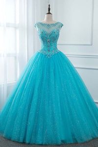 Turquoise Bling Tulle Sweet 16 Dresses Applique Crystal Beaded Sequins Quinceanera Dress Ball Gown Prom Dress Lace-up Cocktail Party Dress