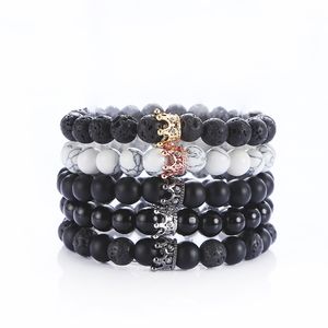 Cubic Zirconia Crown Pärlor Armband Mens Black Volcanic Lava Reiki Healing Balance Strand Buddha Prayer Natural Stone Yoga Armband för kvinnor