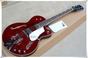 Vinröd semi-ihålig kropp Chrome hårdvara elektrisk gitarr med stor tremolo bro, Rosewood fingerboard, kan anpassas