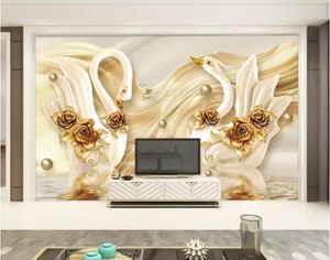 Personalizado 3D Papel de Parede Murais 3d Luxo Luxo Golden Swan Rosa Saco Macio Bolsa de Jóias Moderna Televisão Fundo Parede Parede Papel Decoração Home