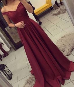 2019 Burgundy A Line Prom Dresses v neck Off The Shoulder Satin Floor Length Simple Style Formal Long Evening Party Celebrity Gowns