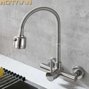 Wall Mounted Stream Sprayer Kitchen Faucet Single Handle Dual Holes SUS304 Stainless Steel Flexible Hose Kitchen Mixer Taps 6032