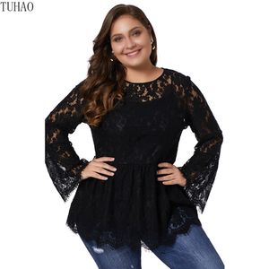 Spring Woman Office Lady Lace Elegant Blue Plus Size 5XL 4XL 3XL BLOUSES SHIRT TOPS HOLLOW OUT BLARE SLEEVE TOPS