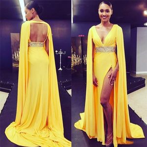 Setwell Deep V-neck A-line Evening Dresses Sexy Backless Pleated Beaded High Split Floor Length Prom Party Gowns With Cape