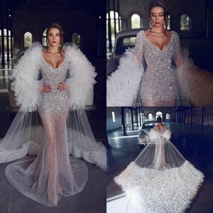 2020 Crystal Mermaid Wedding Dresses With Long Ruffle Wrap V Neck Sexig transparenta brudklänningar Sökade Vestido de Novia