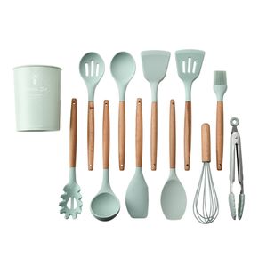 12 st / set Silikon köksredskap Trähandtag Ej giftiga tång Spatel Spoon Kitchen Gadgets Nonstick Köksartiklar jkxb1911