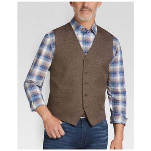 Brown Groom Vests 2019 Five Button Slim Fit Wool father Men Vests Herringbone British Style Wedding Waistcoat