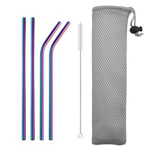 6pcs/set Rainbow 215x6mm Reusable Straws 304 Stainless Metal Steel Straw Multi-Color Drinking Straw Set With Brush Bag Travel Drinking Tool