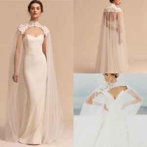 2019 Newest Bridal Wraps Tulle Long High Neck Wedding Cape Lace Jacket Bolero Wrap White Ivory Women Bridal Accessories covered buttons