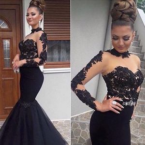 Czarna Syrenka Prom Dresses Sheer Wysoka Neck Długi Rękaw Suknia Wieczorowa Ruffles Koronki Aplikacje Długość Party Party Suknie