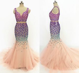 Colorful Rhinestones 2 Piece Sexy Pageant Prom Dresses Mermaid Plunging V-neck Champagne Tulle Dresses Evening Wear Formal Dress Vestidos