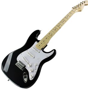 Guitarra elétrica de iluminação preta quente com pickguard branco, pescoço de bordo, pickups SSS, hardwares de cromo, oferecendo serviços personalizados.