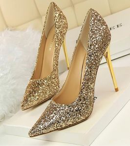 Vendita calda-w stile sexy Lady Nude paillettes cristallo scarpe punta punta scarpe tacchi alti stivali pompe 9,5 cm autentiche scarpe da sposa paillettes