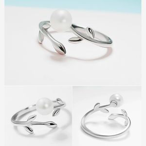 Wholesale-Ring Leaf Pearl Personality Open Ring Silver Jewelry Accessories Wedding Fashion Jewellery for Women Female Girls